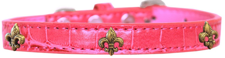 Bronze Fleur De Lis Widget Croc Dog Collar Bright Pink Size 14